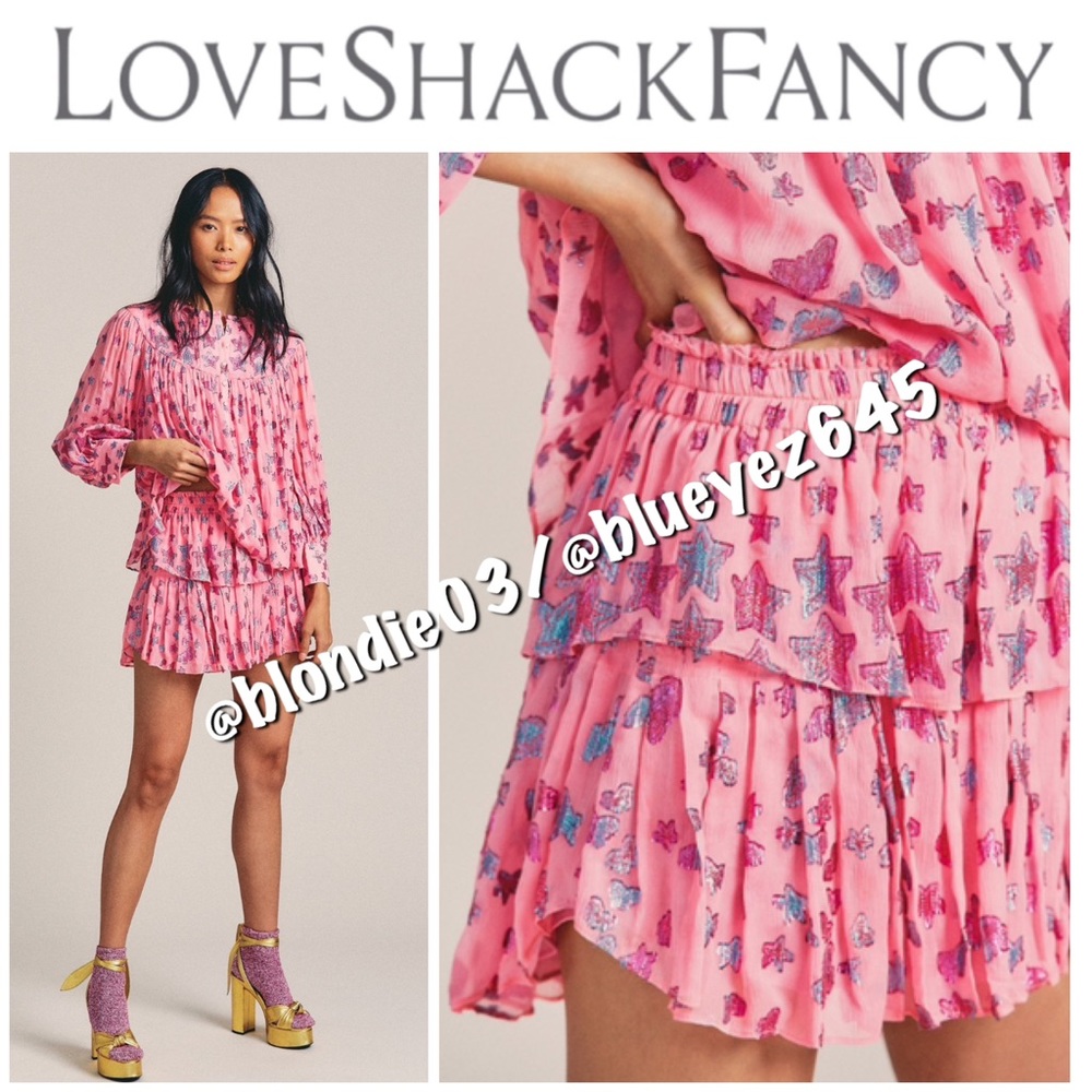 LoveShackFancy Ruffle Mini Skirt in Millennial Pink Star Print XS